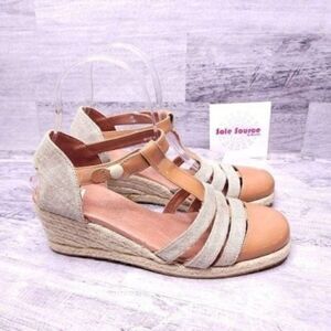 Camper Patent Leather Cap Toe Linen Wedge Sandal Brown Tan sz 37 Women's sz 7